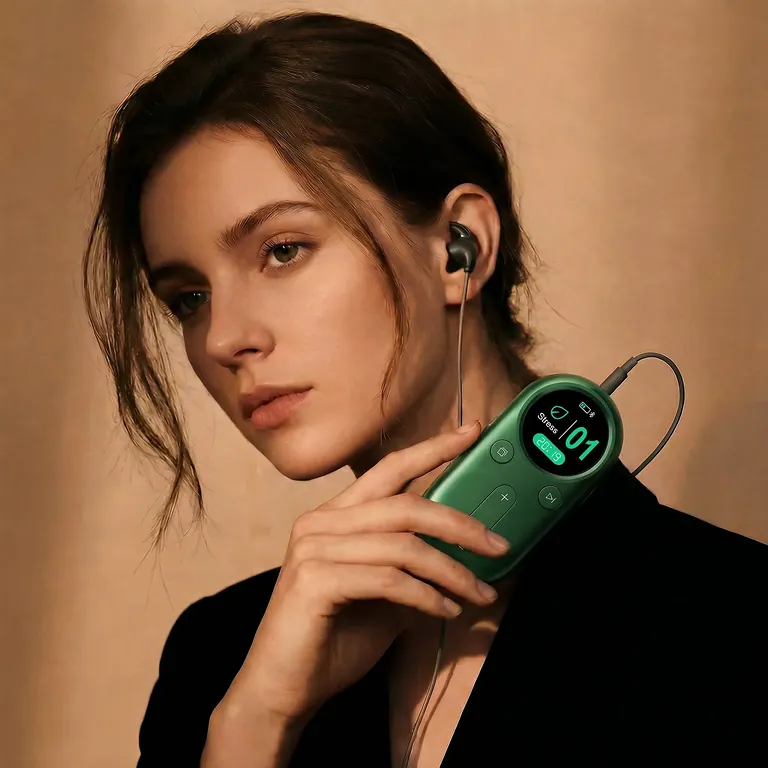 Woman holding a WONZ wellness device for a refresh routine