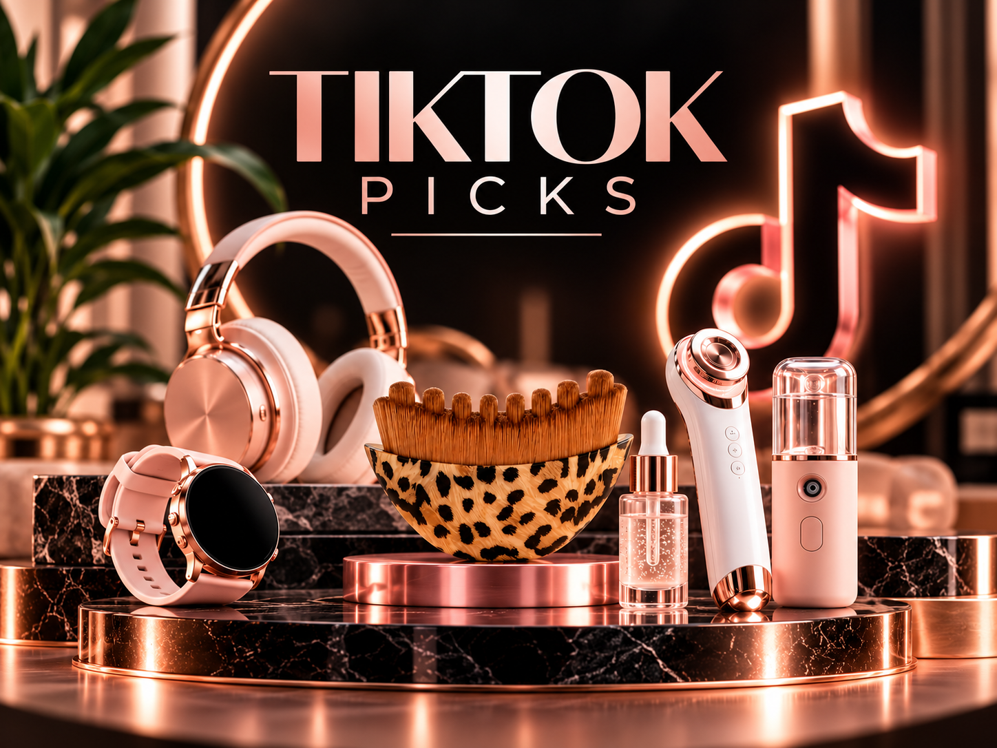 TikTok Picks: rose-gold headphones, smartwatch, leopard-print brush, serum, facial device and mini mist on marble pedestals in front of a glowing TikTok logo
