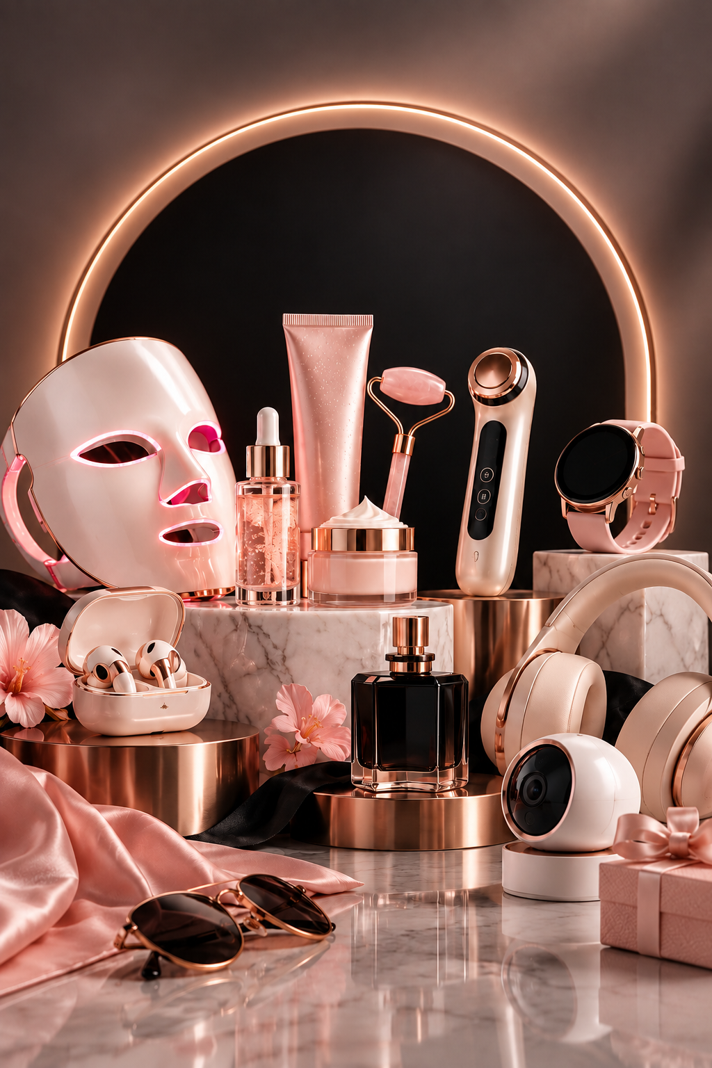 Rose-gold beauty tech and lifestyle essentials: LED face mask, serums, facial wand, smartwatch, earbuds, headphones and perfume on marble pedestals under a glowing arch