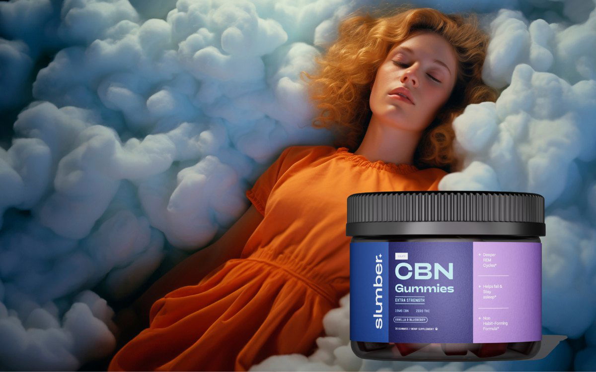 A woman in orange sleeps on clouds; a jar of CBN gummies is in the foreground.