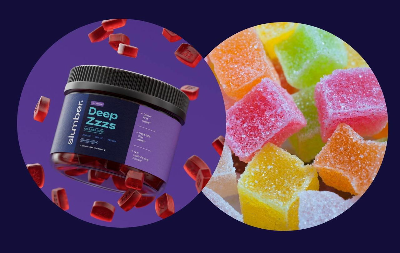 Jar of red gummies labeled &quot;Deep Zzzs&quot; next to colorful sugar-coated gummy squares.