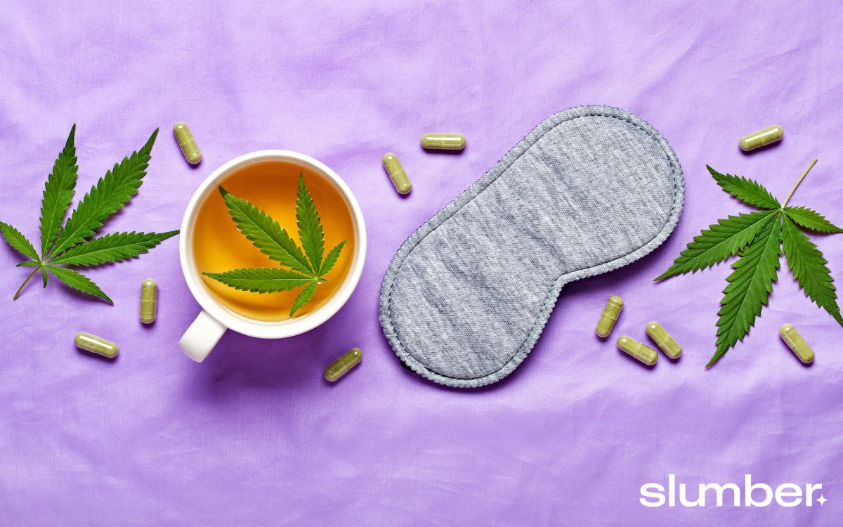 Cup of tea, hemp leaves, capsules, and sleep mask on a purple background with "slumber" text.