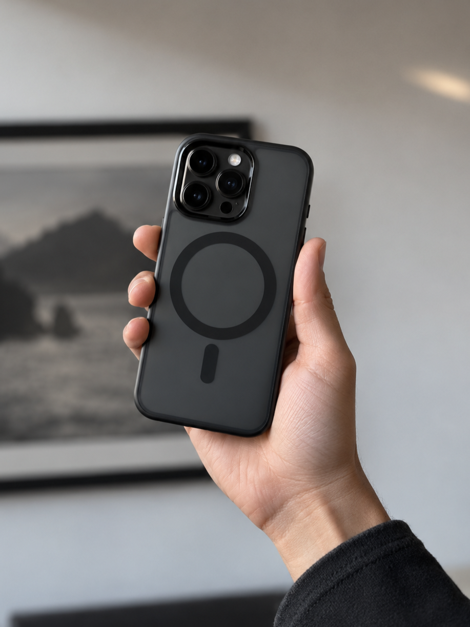 Hand holding a phone in the matte black MagSafe case