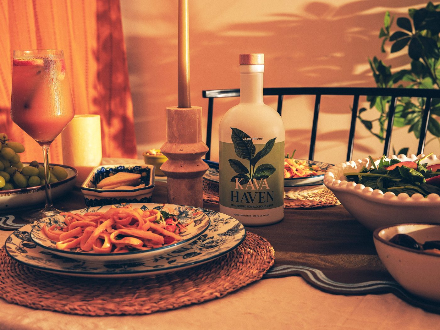 Kava Haven bottle chilling on crushed ice with fresh limes and lemon slices