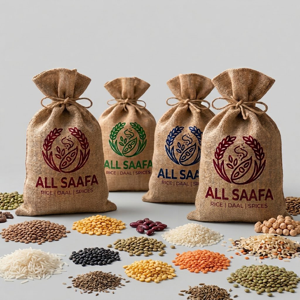 Four All Saafa jute sacks with piles of rice, daal, lentils and spices
