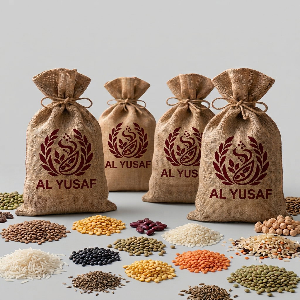 Four Al Yusaf jute sacks with piles of rice, daal, lentils and spices