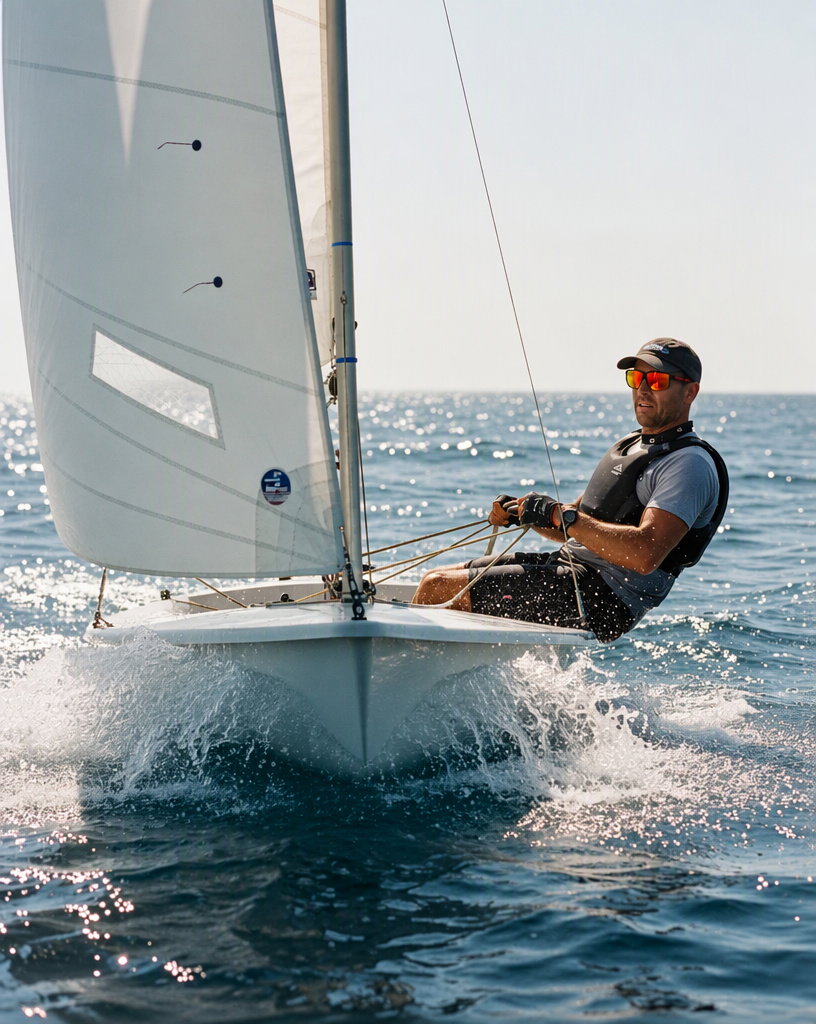 Man sailing a dinghy on the open ocean wearing WaveRider floating sunglasses