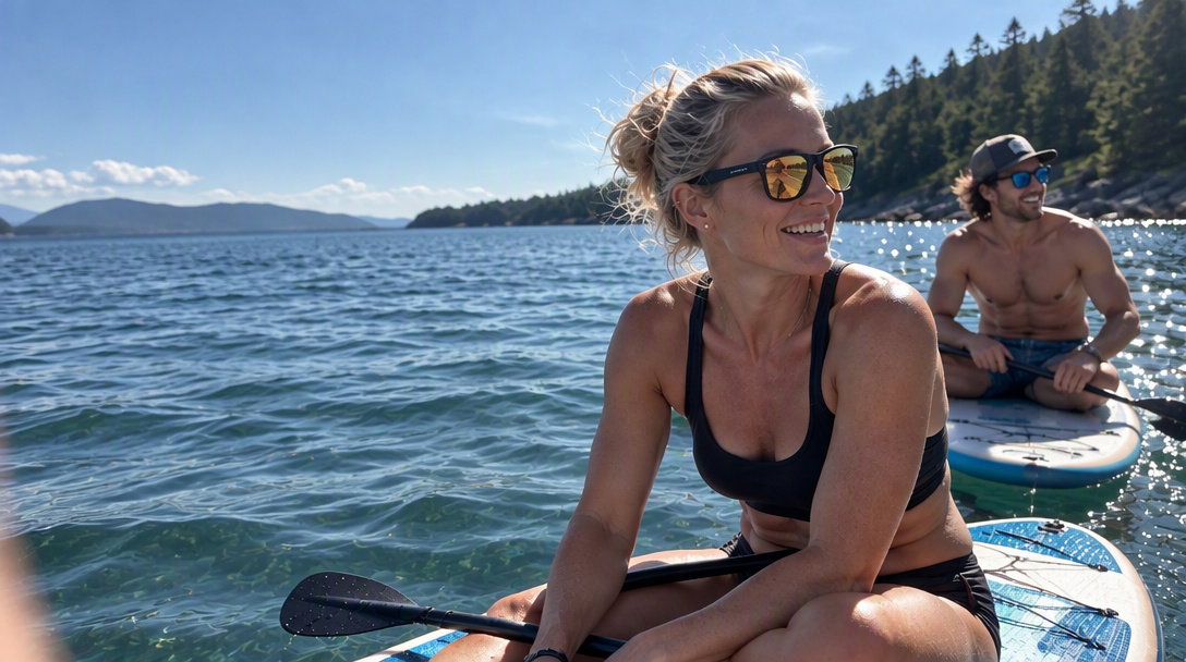 Two friends on a paddleboard in turquoise water wearing H2OAthletics floating sunglasses