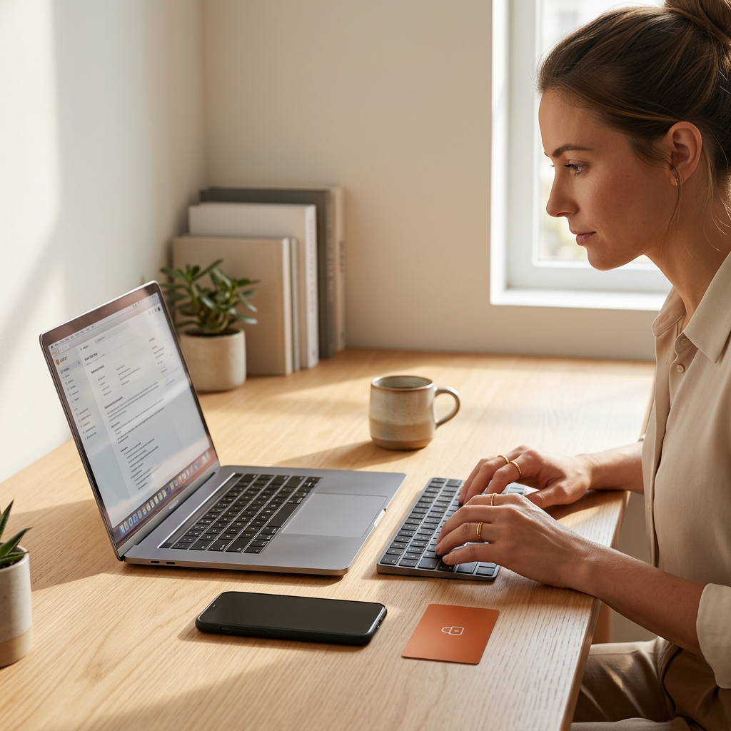 A woman focused on typing on an external keyboard connected to a laptop on a desk