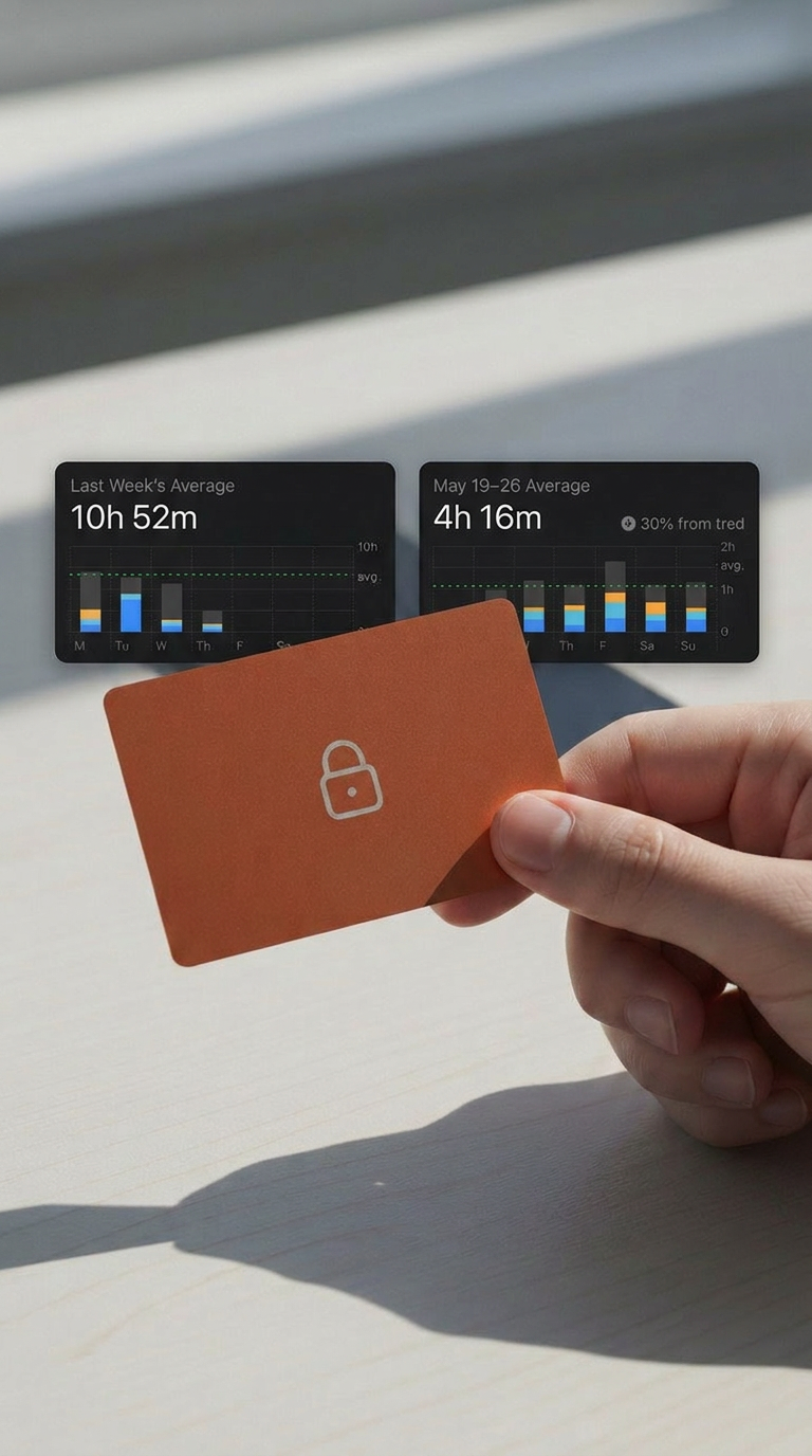 Hand holding a brown card with a white lock icon, with digital graphs showing screen time data in background