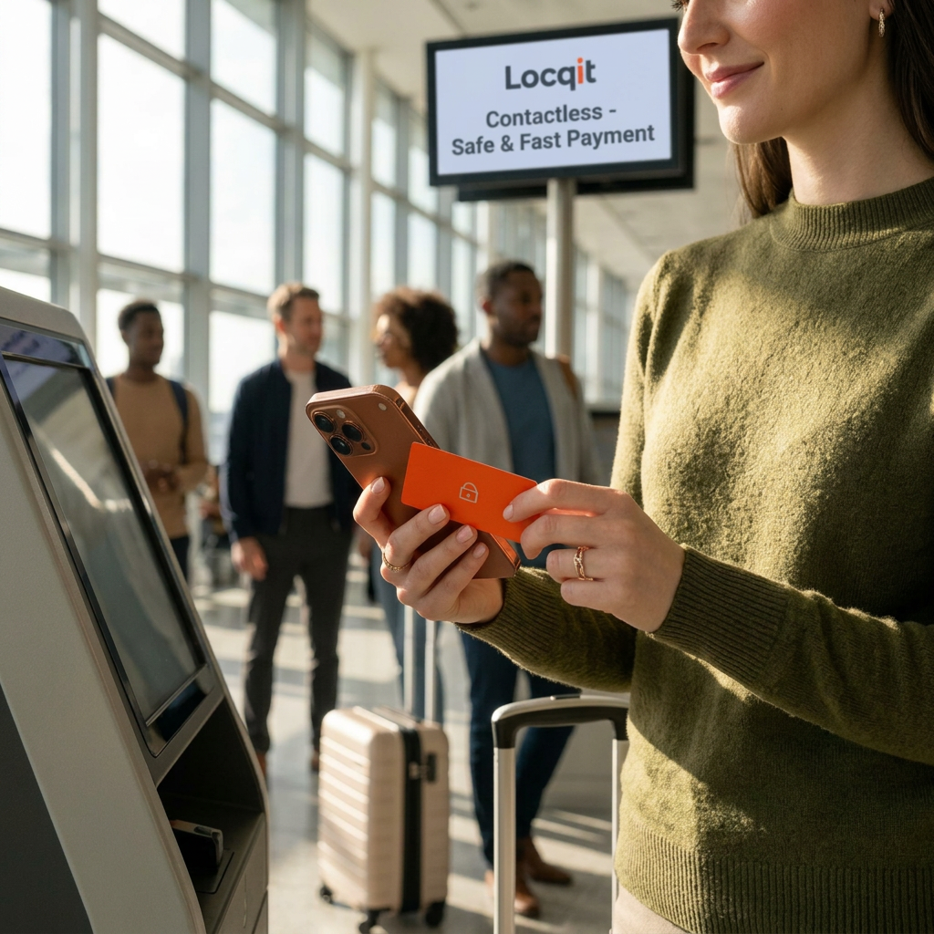 Woman using phone and card for contactless payment at an airport kiosk