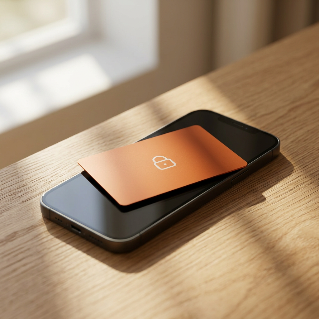 Black smartphone lying on a wooden surface with an orange card showing a white lock icon on the screen