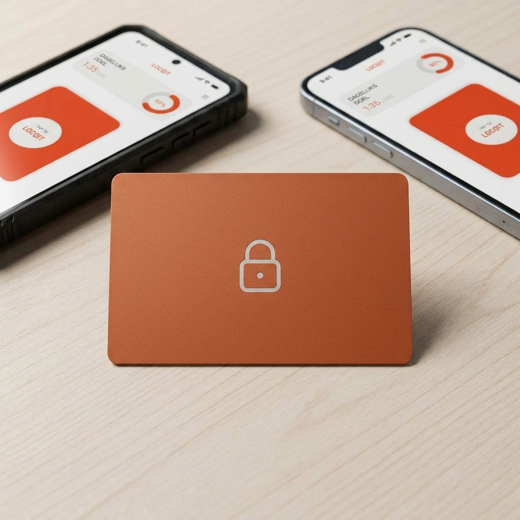 Two smartphones displaying a security app beside a brown card with a lock icon on a table