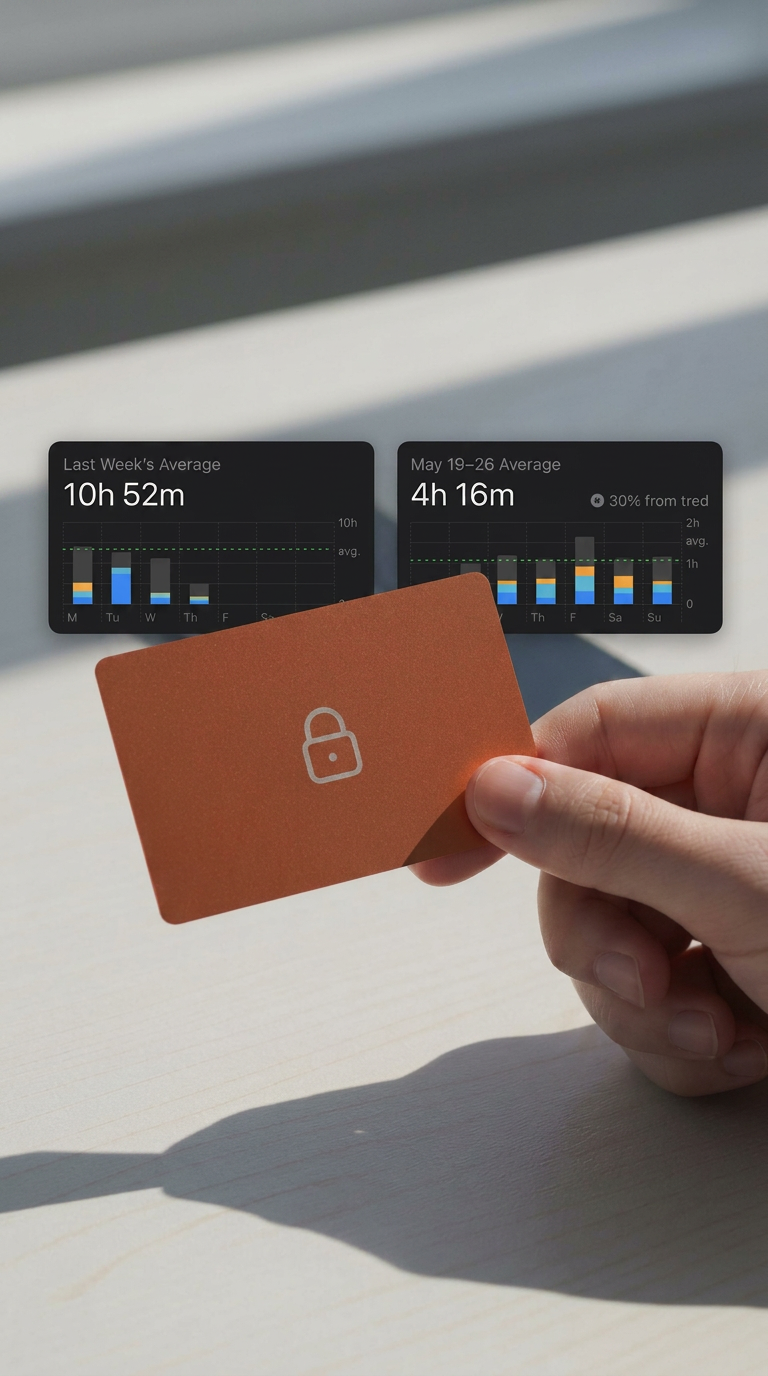 Hand holding a small brown card with a lock icon and screen time stats displayed in background