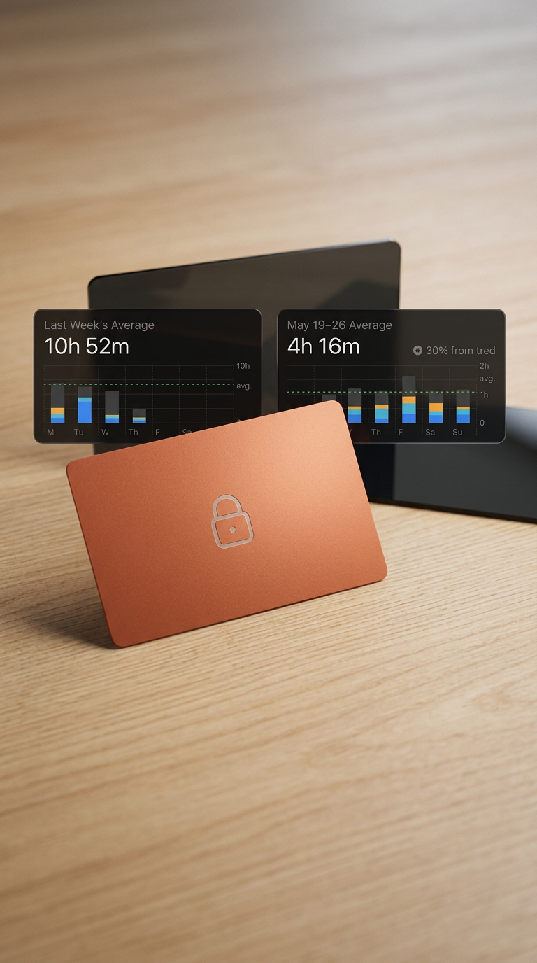 Orange security key placed on a wooden surface with two data charts showing weekly averages and tiredness percentages in the background
