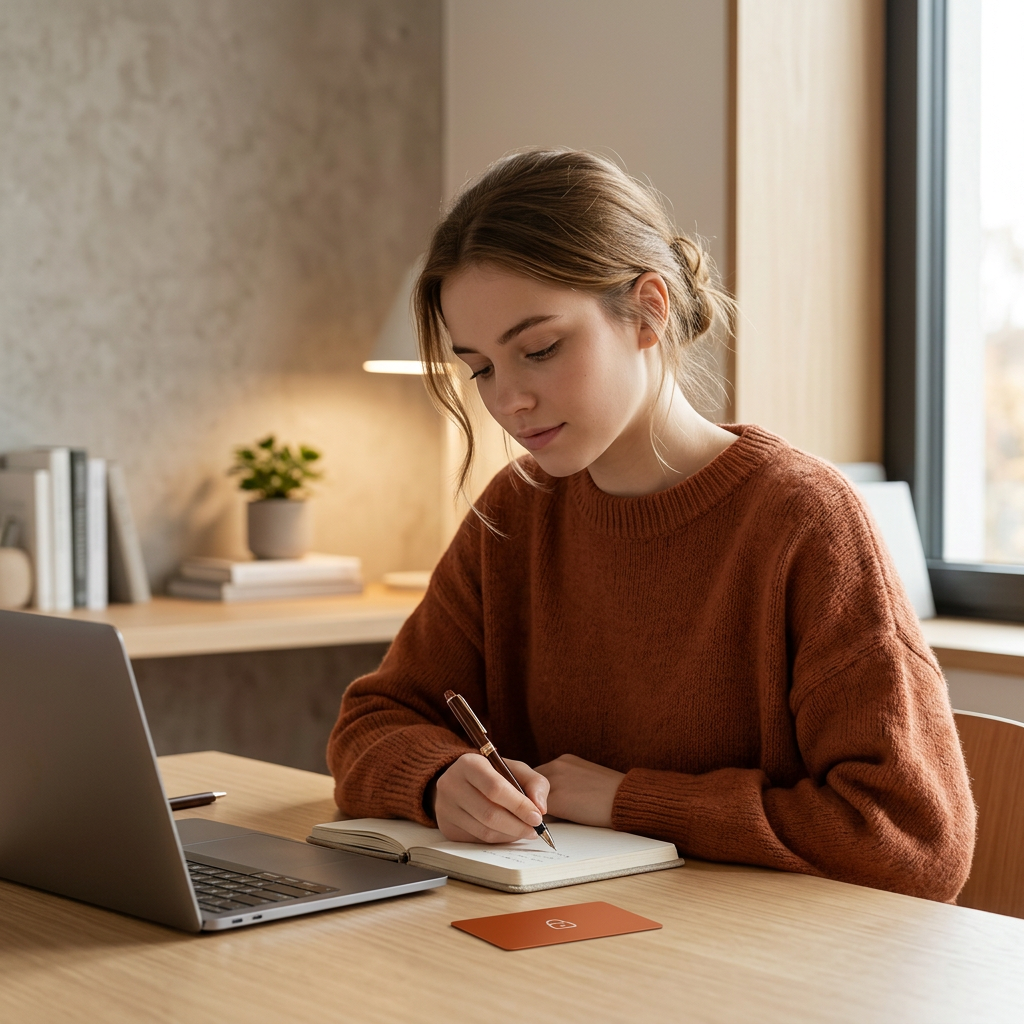 A young woman in a brown sweater writing in a notebook, sitting at a desk with a laptop.