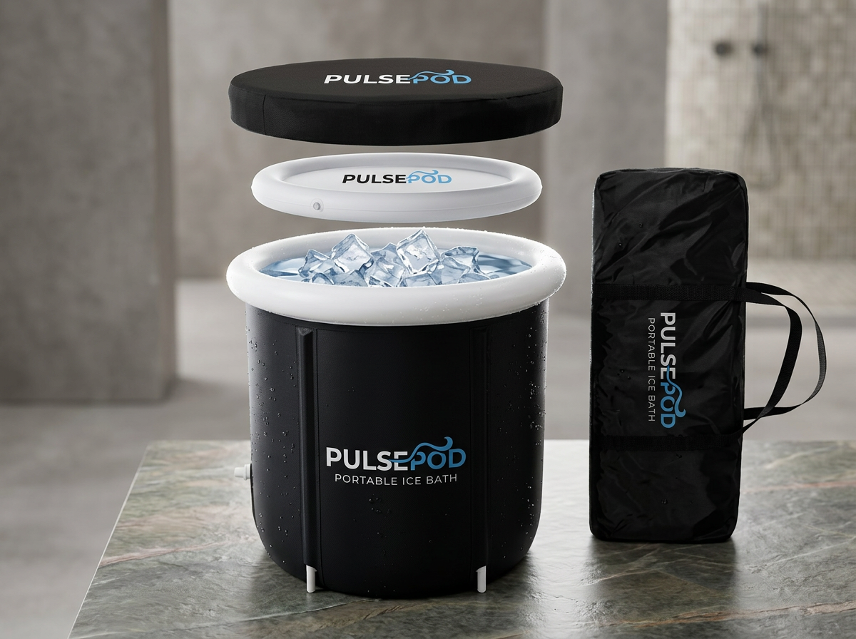 Black PulsePod portable ice bath filled with ice, black lid, white rim, and a black carrying bag