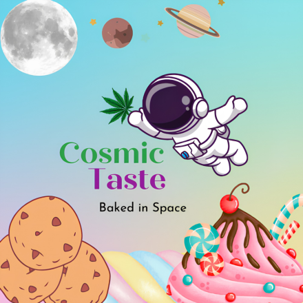 Cosmic Taste logo: an astronaut holding a leaf, floating among planets, cookies and a cupcake