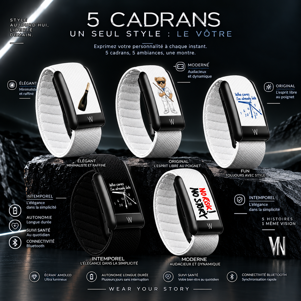 Les 5 cadrans de la W&M Personnalisé : Élégant, Moderne, Original, Fun et Intemporel, avec leur bracelet tissé assorti
