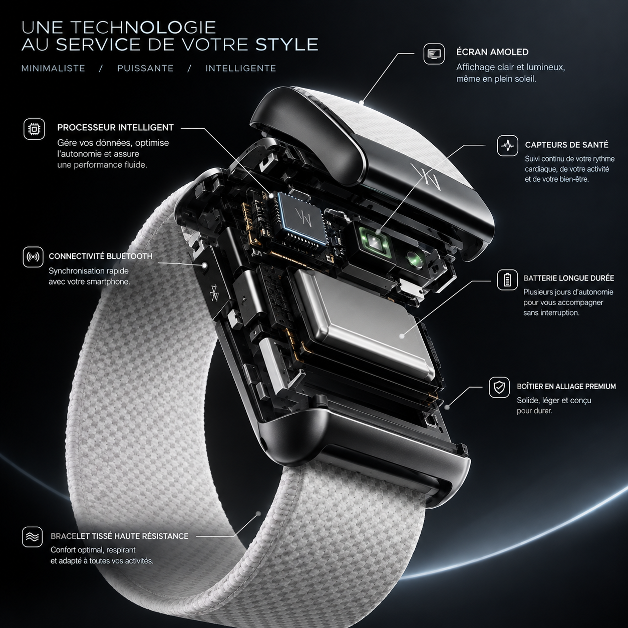 Vue éclatée de la montre W&M : écran AMOLED, processeur intelligent, capteurs de santé, connectivité Bluetooth, batterie longue durée, boîtier en alliage premium et bracelet tissé haute résistance