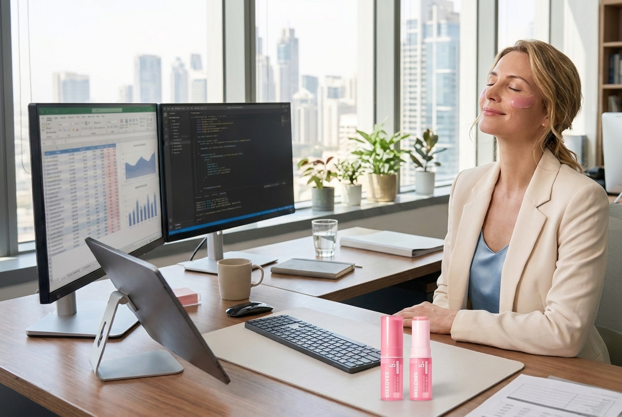 Professional woman relaxing at her office desk with the balm
