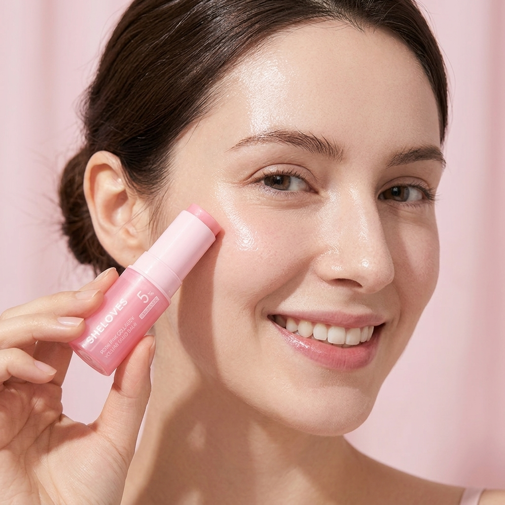 Woman gliding the Collagen Plumping Balm across her cheekbone