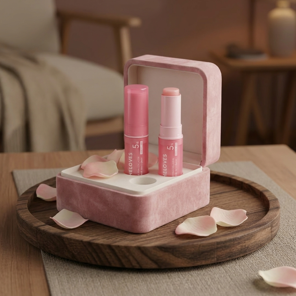 Collagen Plumping Balm in a pink velvet box on a wooden tray with rose petals