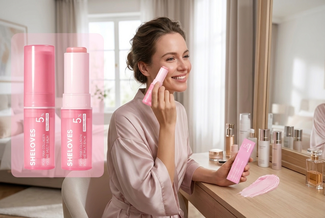 Woman gliding the Collagen Plumping Balm stick across her cheek at her vanity