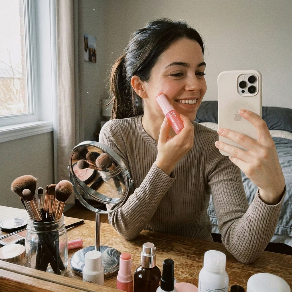 Emily applying the balm to her cheek