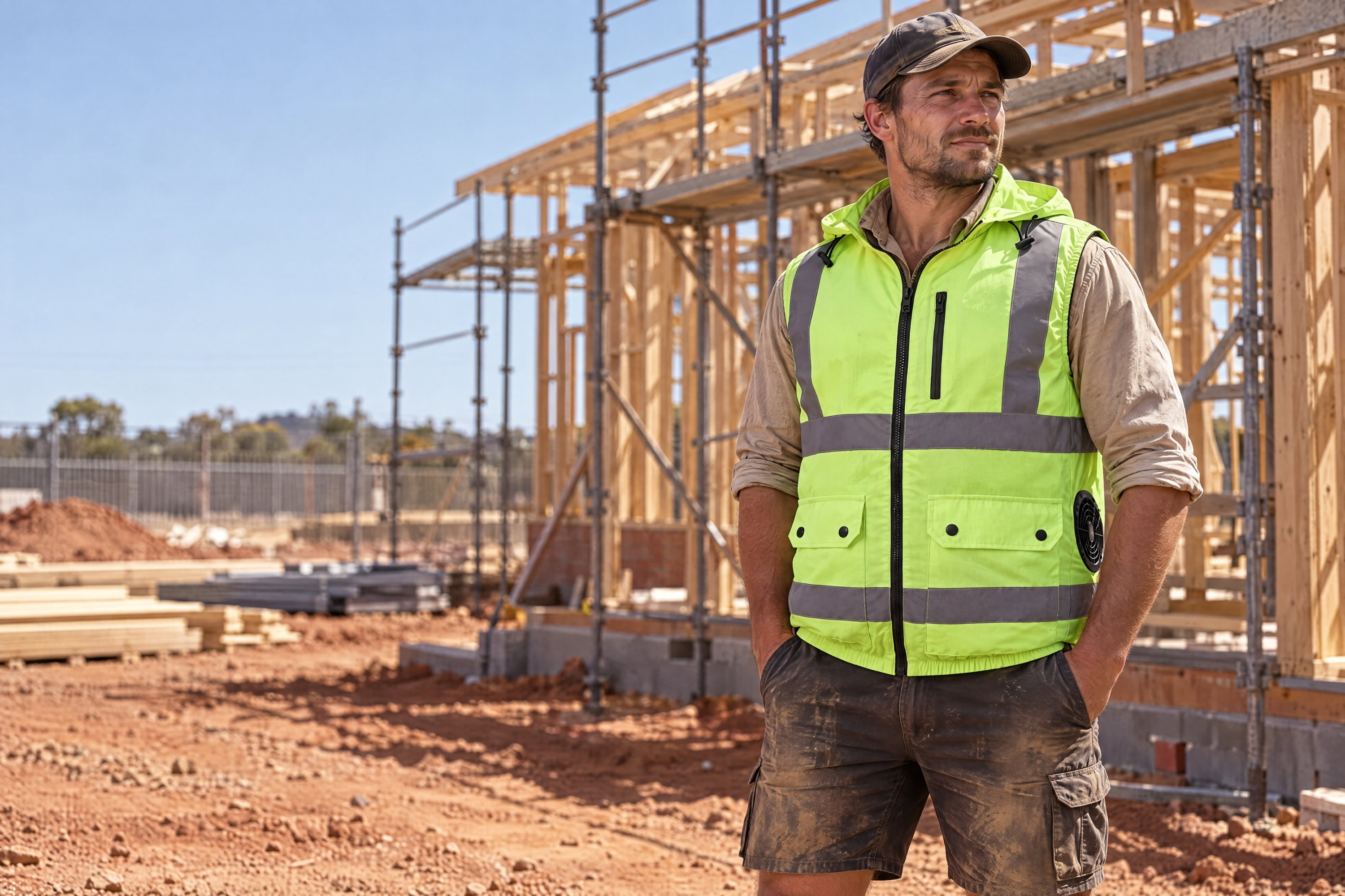 Tradesman on a residential building site wearing a hi-vis fan cooling vest in the midday sun