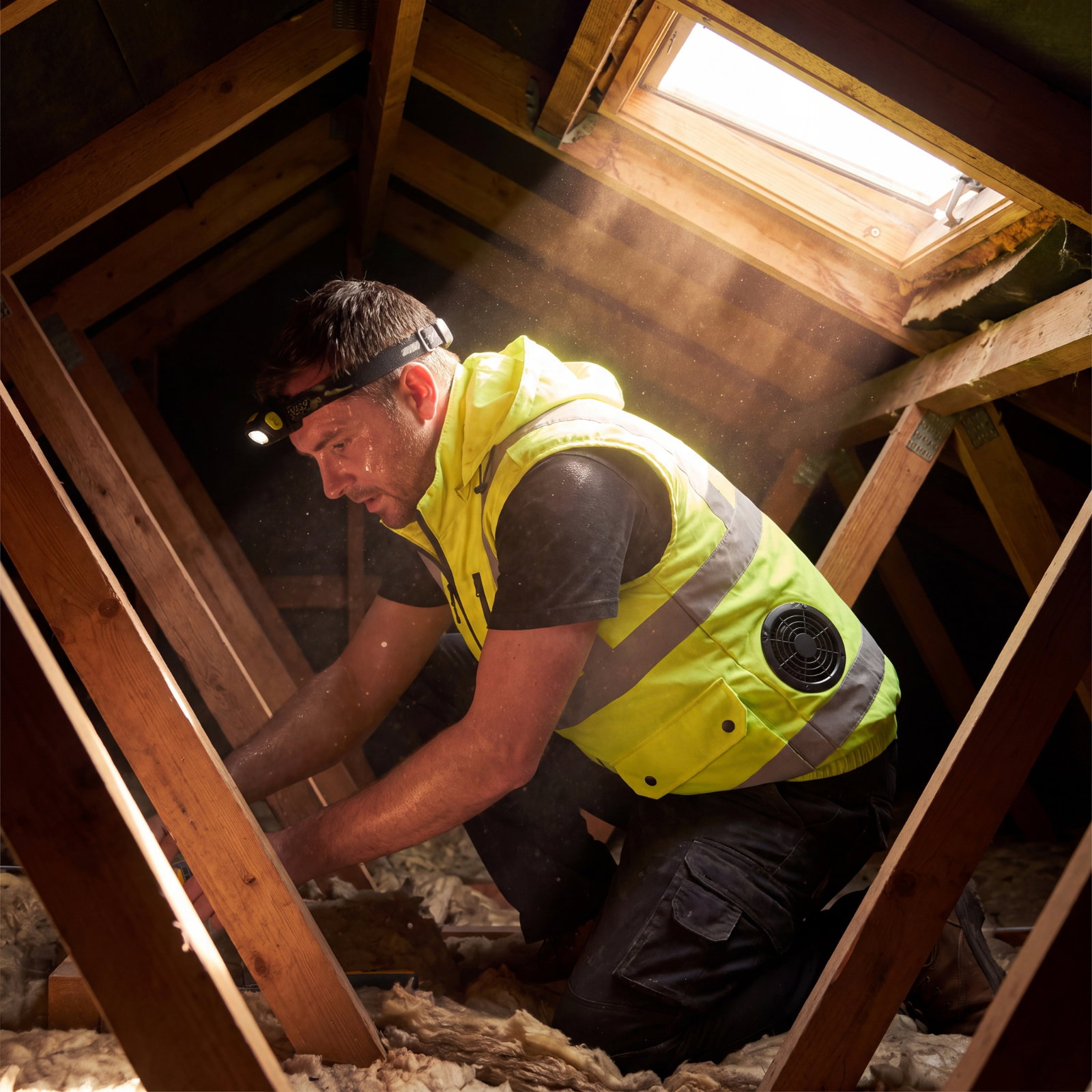 Electrician working in a hot, cramped roof cavity wearing a ventilated hi-vis vest