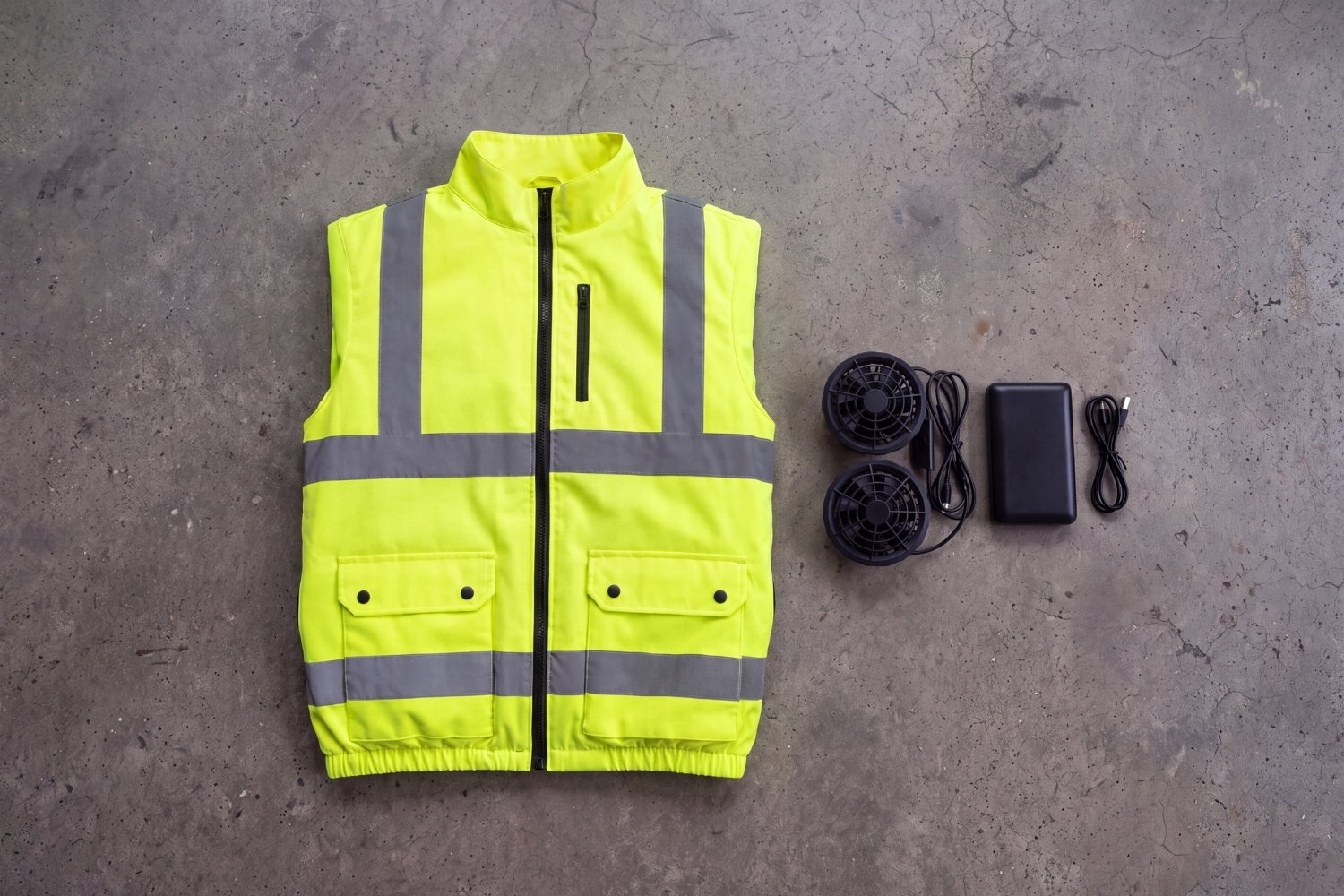 Hi-vis fan cooling vest laid flat on concrete with both fan units, battery pack and cable