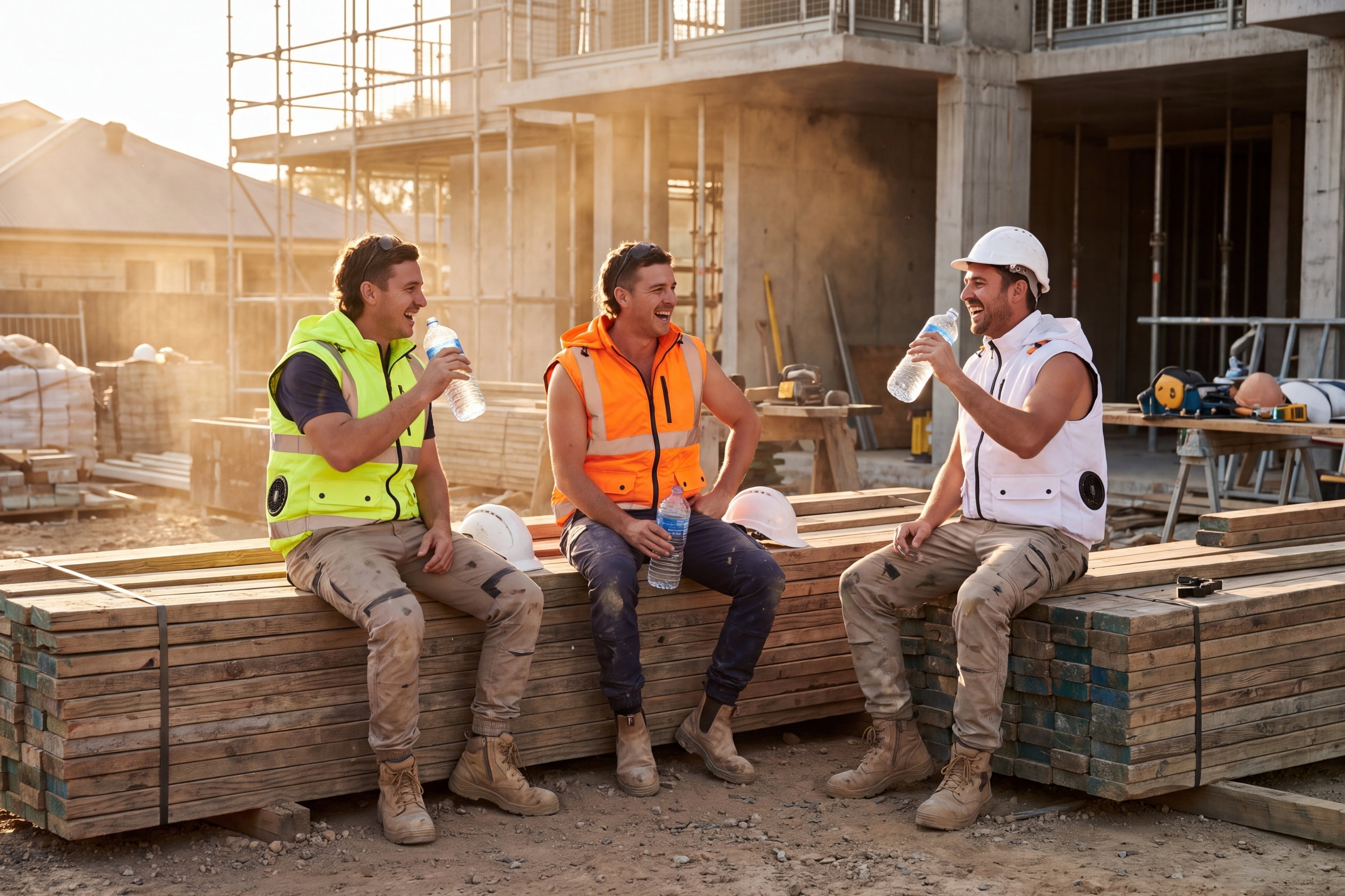 Three tradies laughing during a smoko break, all wearing hi-vis fan cooling vests