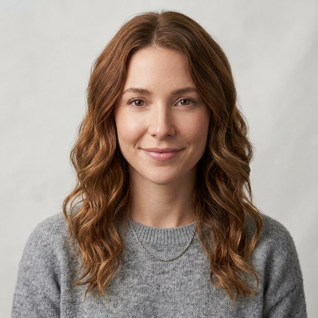 Portrait of a woman with wavy brown hair wearing a grey sweater and silver necklace