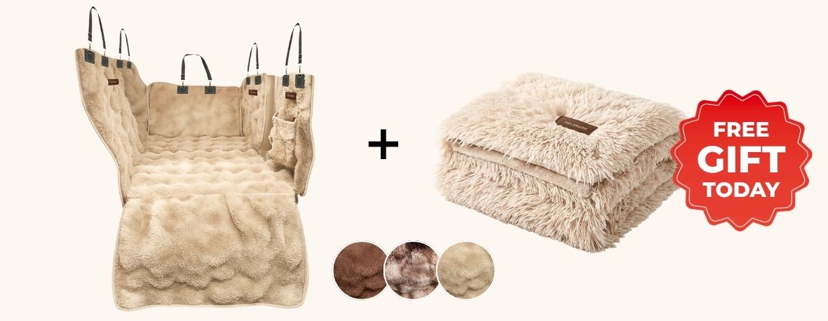 Luxurious Full Backseat Protector in beige, brown and latte swirl, plus a free Calming Relief Blanket