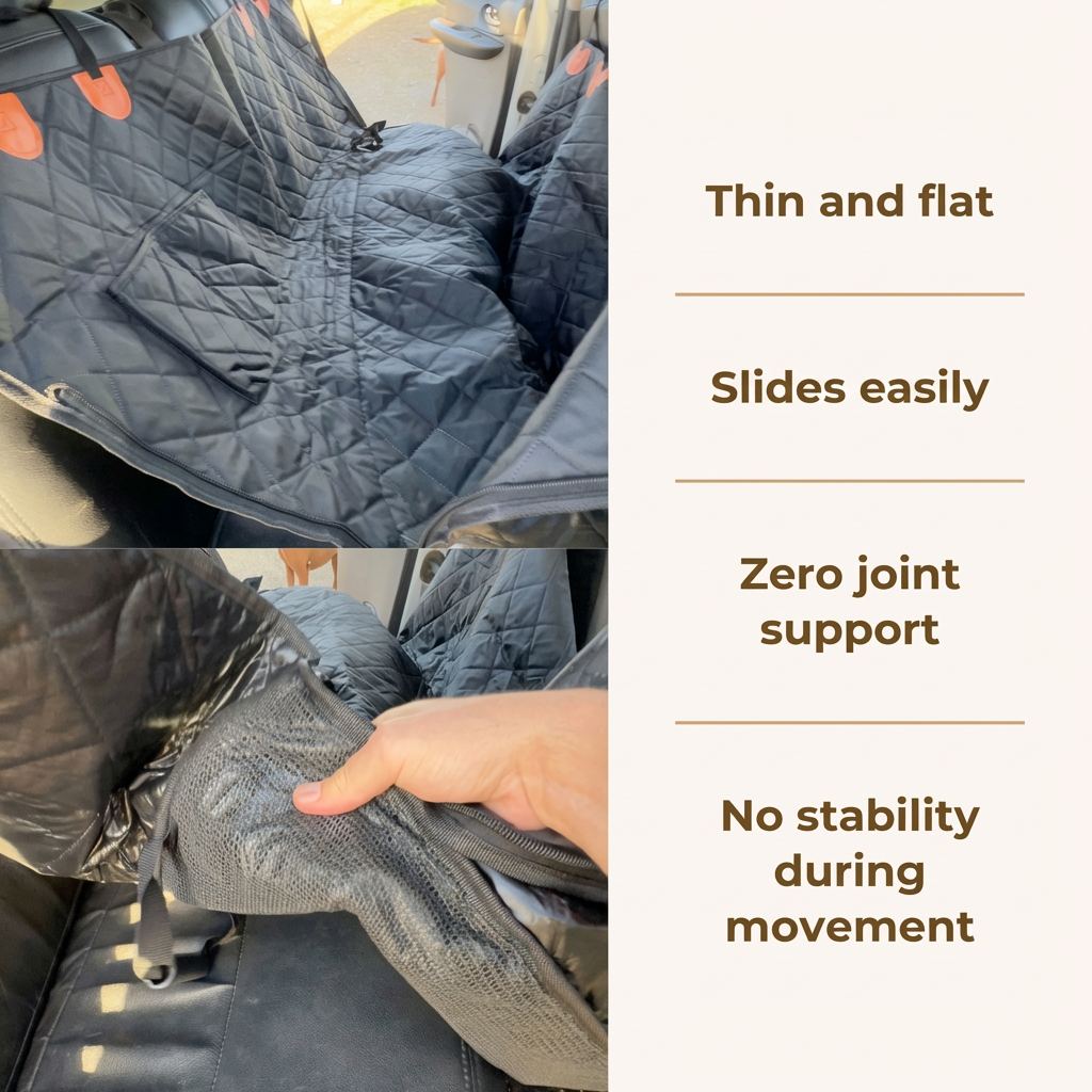 Black quilted car seat cover showing thin material and lack of stability during movement.
