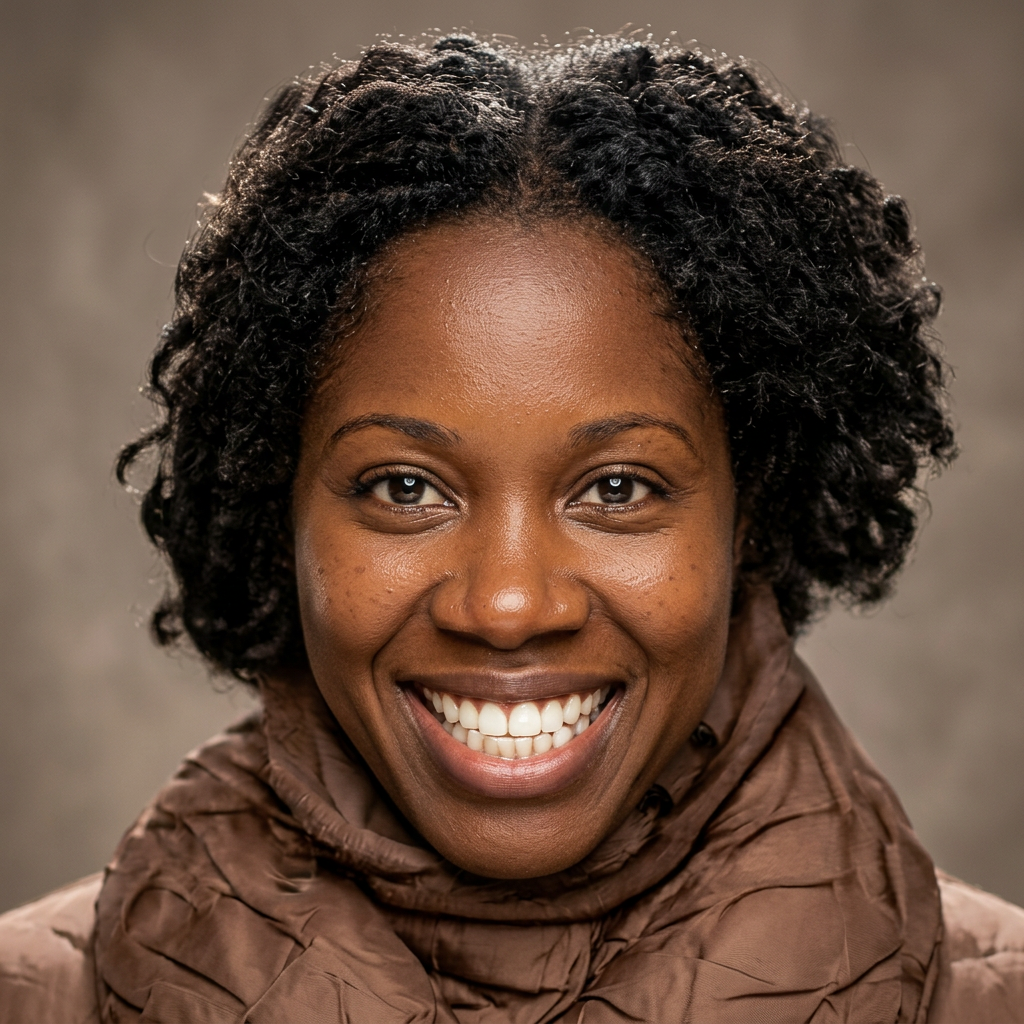 Close-up portrait of a smiling woman with natural curly hair and brown jacket