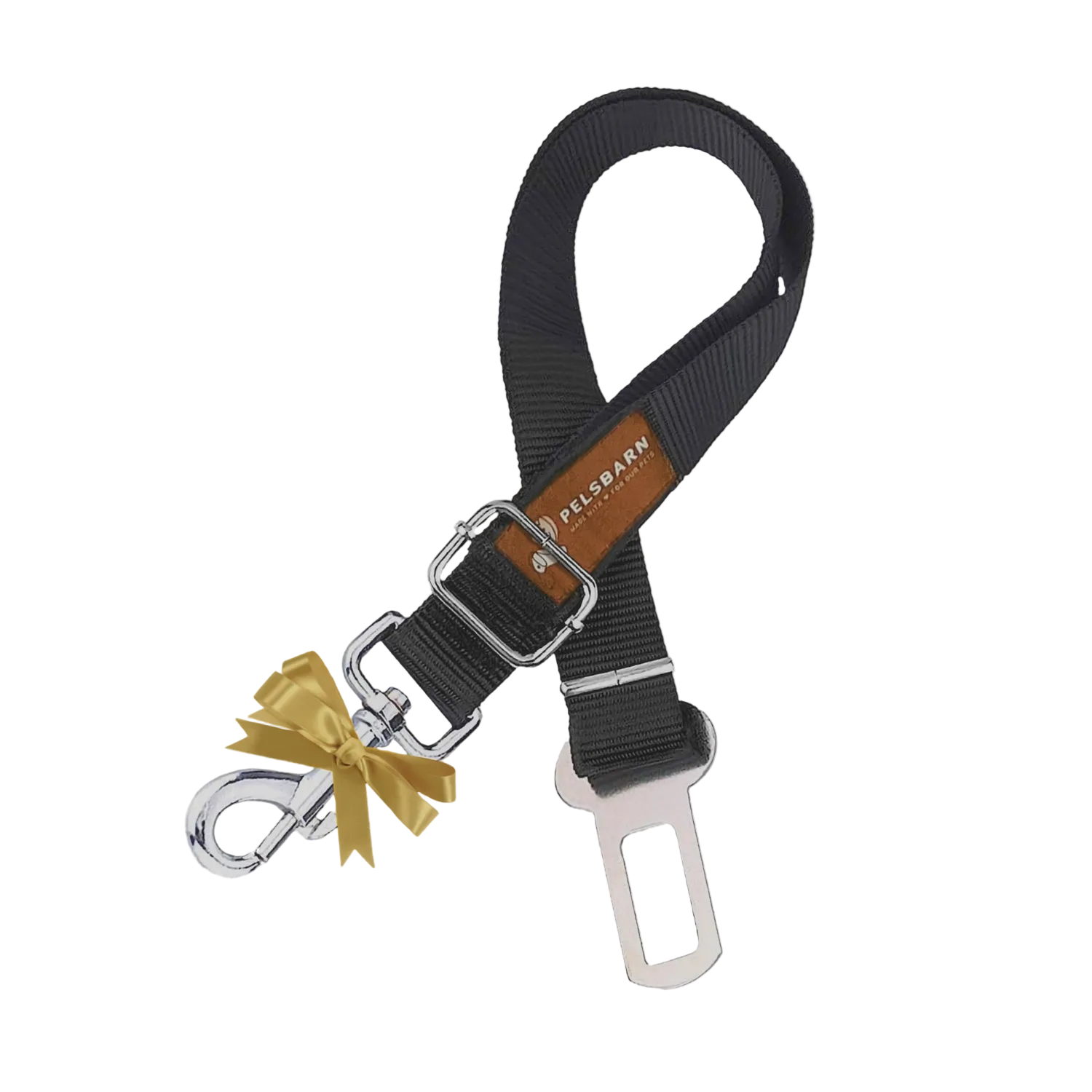 Black Pelsbarn dog car seat belt with a gold bow