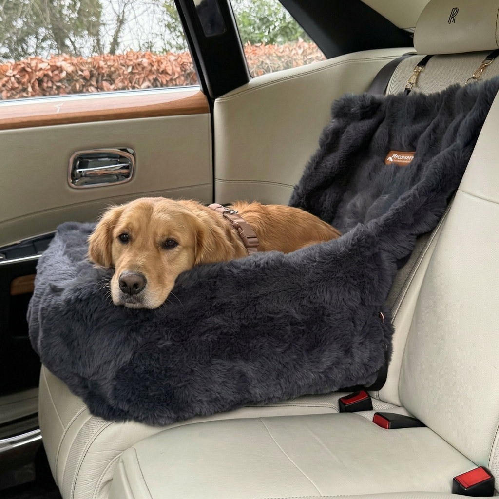 Golden retriever lying on a black fluffy pet seat cover in a car's back seat