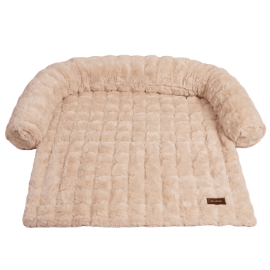 Beige plush Pelsbarn sofa bed cover with bolster sides
