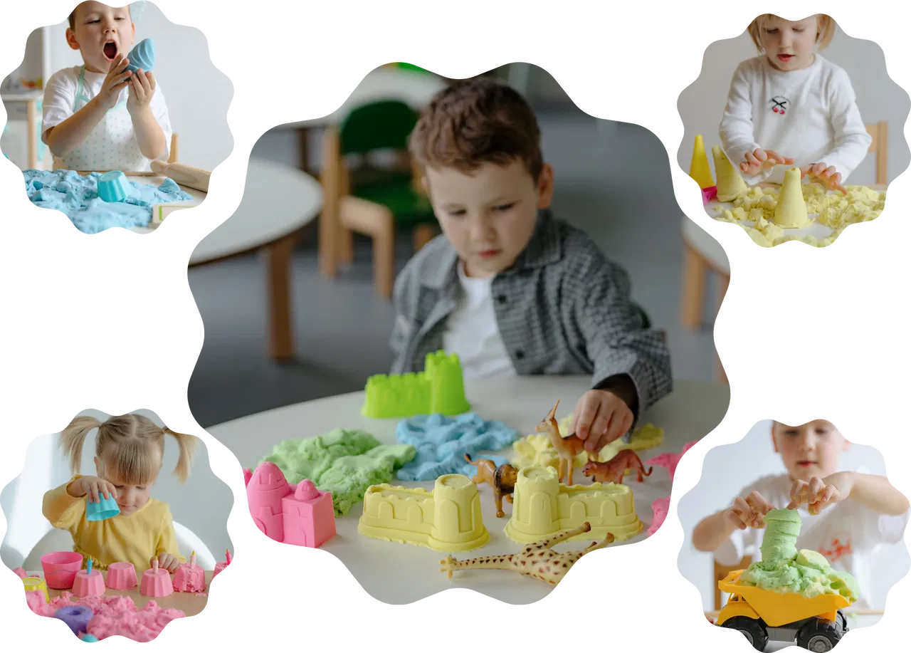 Gruppe von Kindern gestaltet mit buntem Sandolin eine farbenfrohe Spielwelt – gemeinsames, sinnliches Spielen
