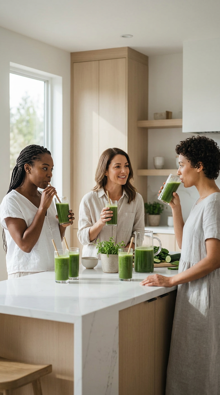 Three women standing in a bright kitchen drinking green smoothies over a white island with plants