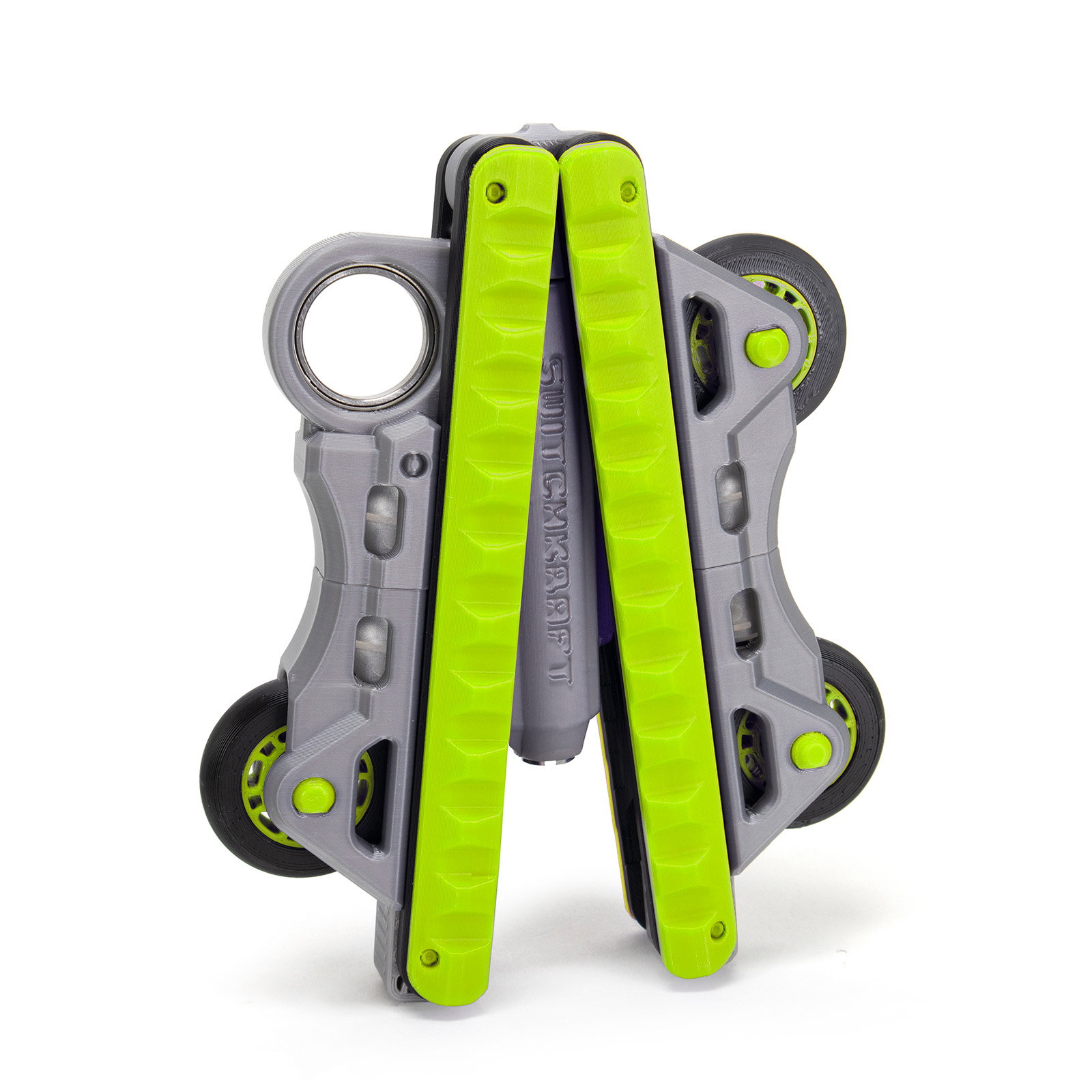 SKATE SWITCH: grey frame with lime green wands, inline skate wheels and a steel bearing ring