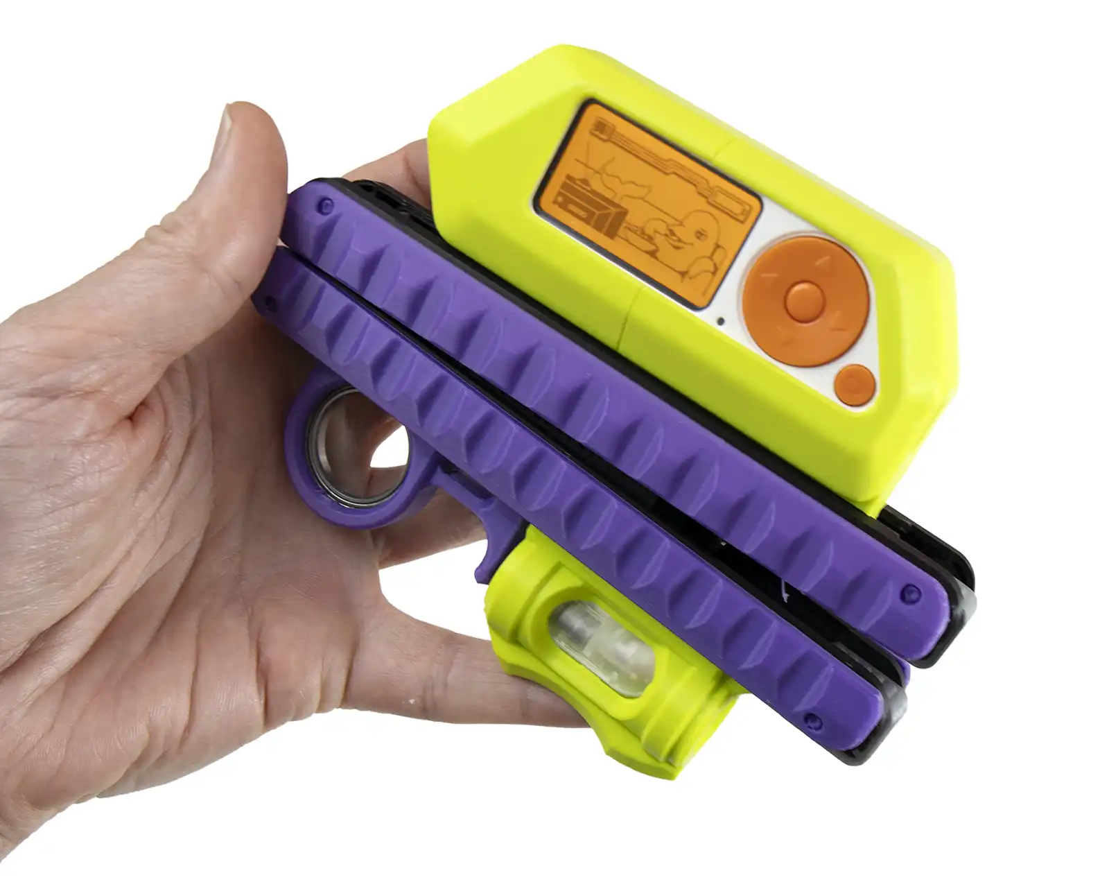 Flipper Zero Case in hand: a lime green case holding a Flipper Zero with an orange screen, mounted on a purple kARTIFACT