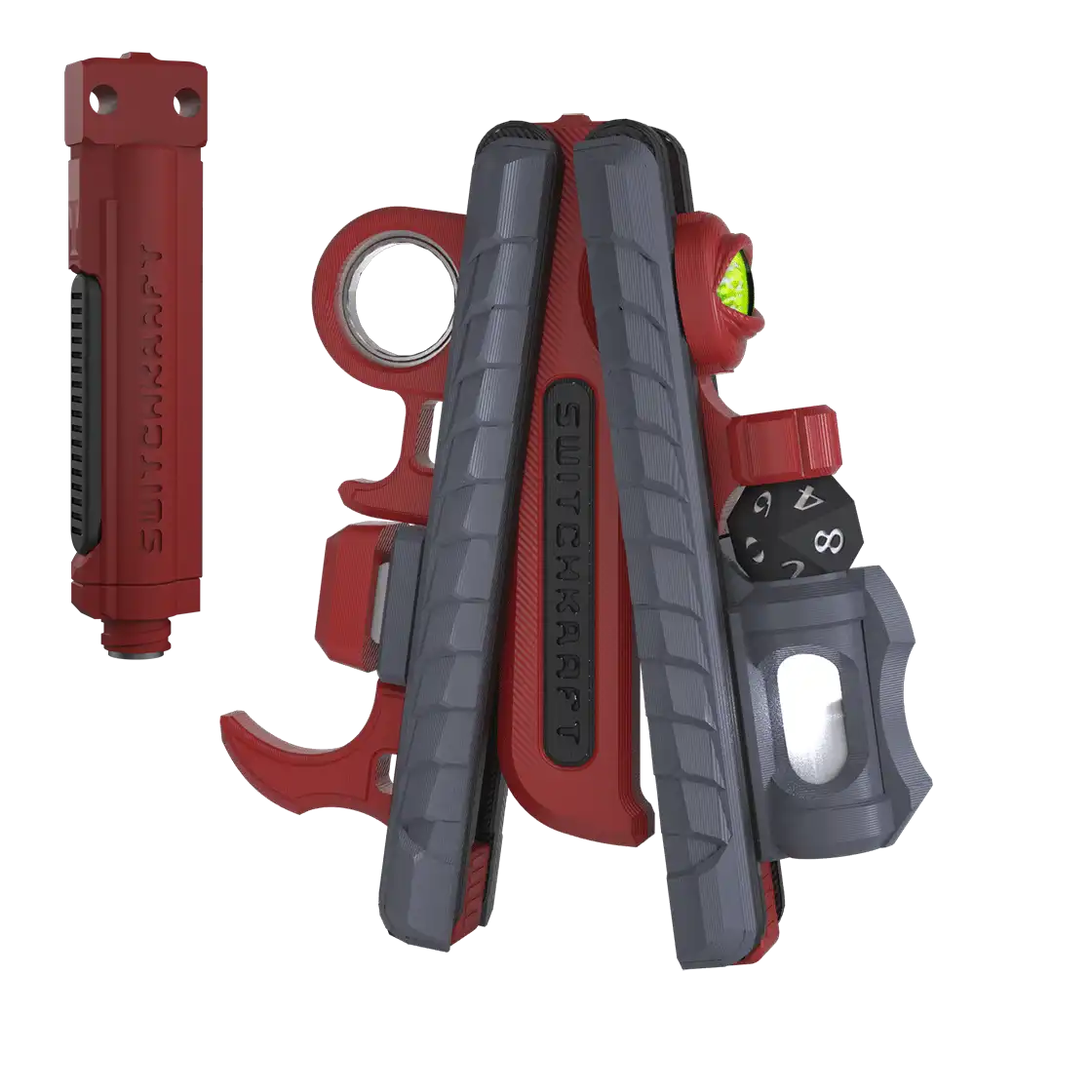 kARTIFACT PRO: red frame with grey wands, a lime eye accent, a black d12 die and a red powered hub