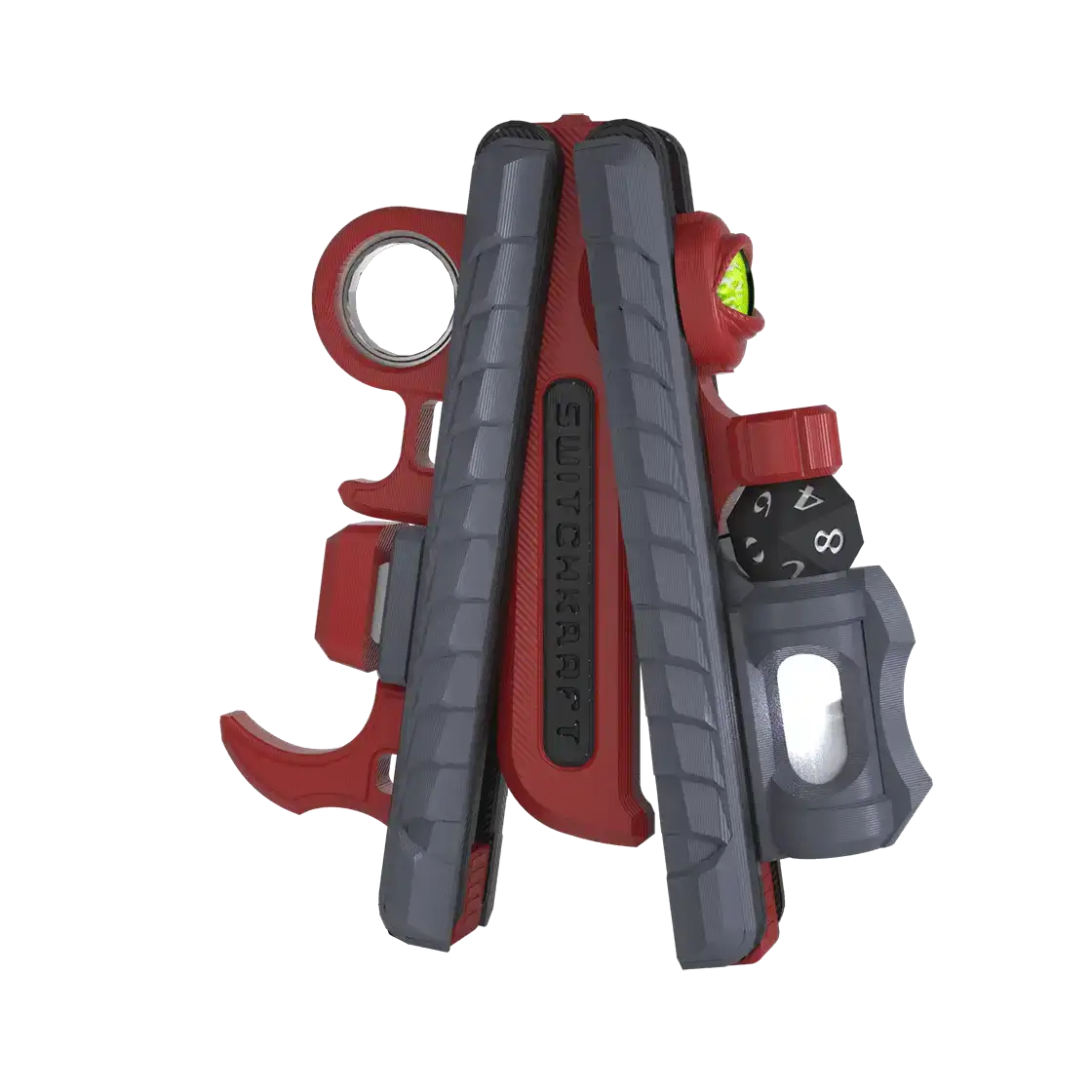 kARTIFACT PRO in Talon: red frame with grey wands, a lime eye accent and a black d12 die