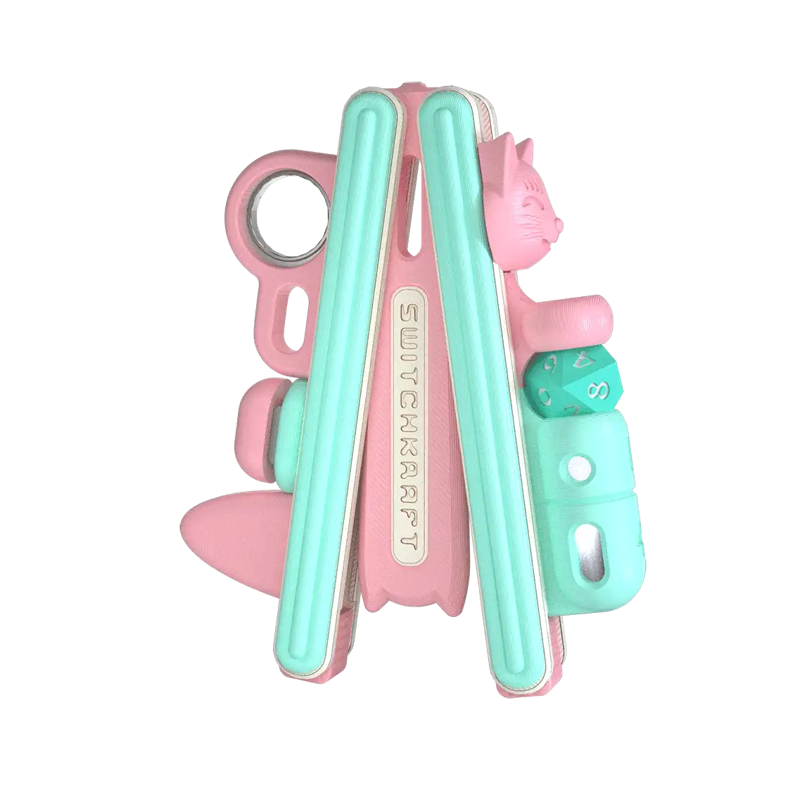 kARTIFACT PRO in Gumdrop: pink frame with mint green wands, a cat head accent and a mint d12 die