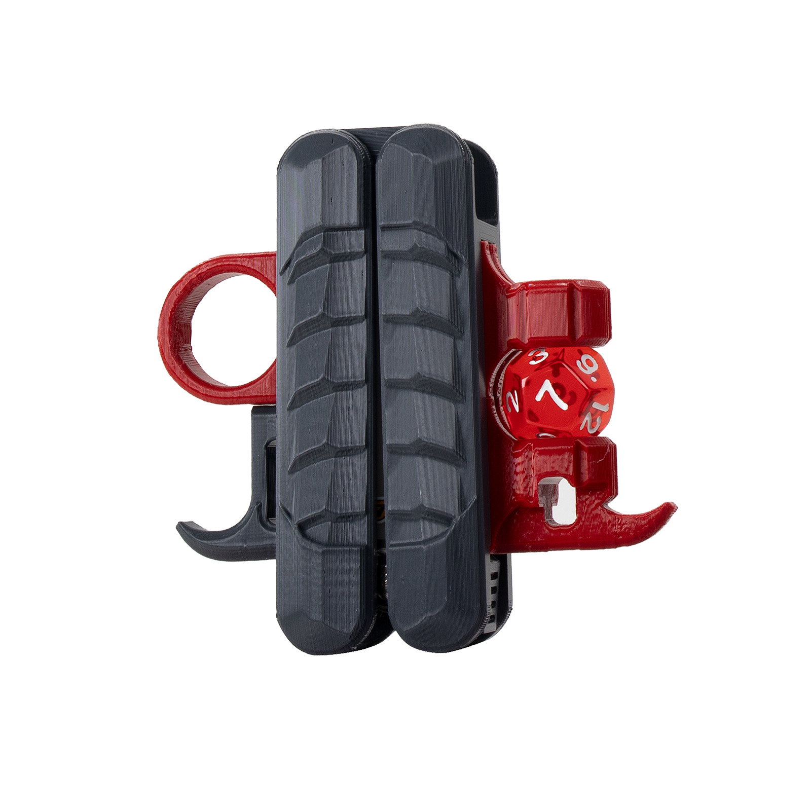 Edgelord Swidget: a dark grey lighter caddy with red clips, a ring loop and a red d12 die