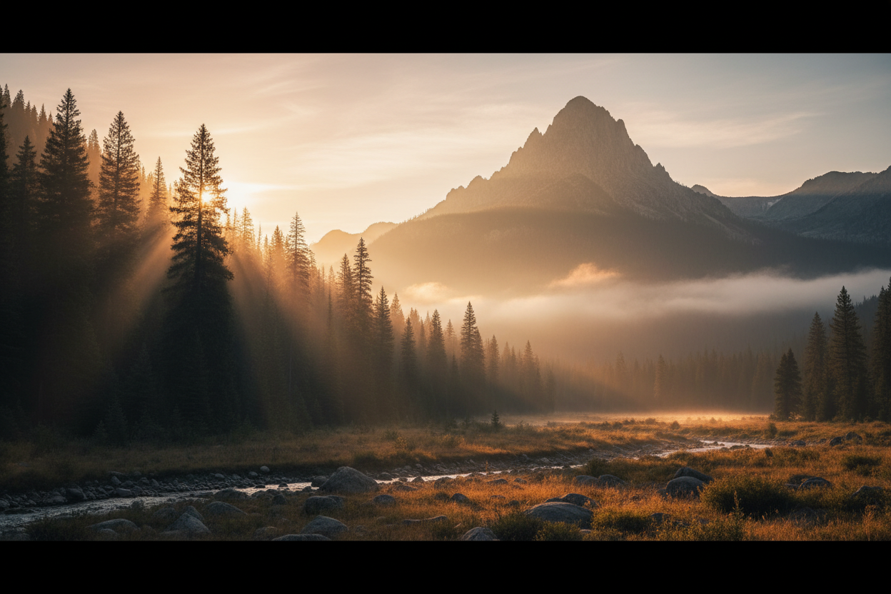 Sunlight beams through tall pine trees in a misty mountain valley with a rocky riverbed