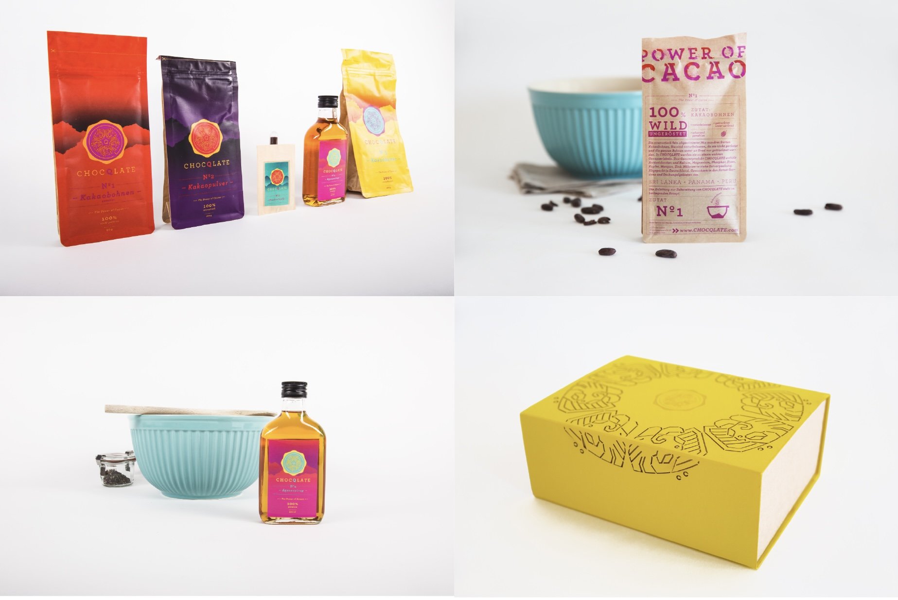 Collage aus vier Studiofotos des frühen CHOCQLATE-Sortiments: farbige Beutel „N°1 Kakaobohnen“ und „N°2 Kakaopulver“ mit goldenem Siegel, eine Kraftpapier-Rückseite vor einer türkisfarbenen Rührschüssel, eine Glasflasche mit magentafarbenem Etikett und eine gelbe Schachtel mit Ornamentprägung